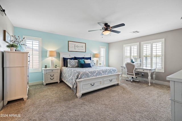 bedroom featuring carpet flooring and ceiling fan