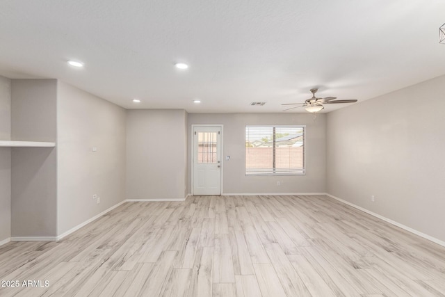 unfurnished living room with ceiling fan, recessed lighting, visible vents, baseboards, and light wood-style floors