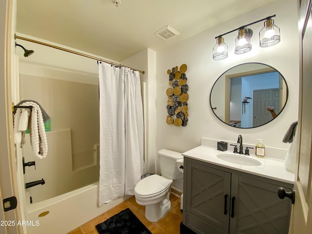 bathroom with visible vents, shower / bathtub combination with curtain, toilet, vanity, and tile patterned flooring