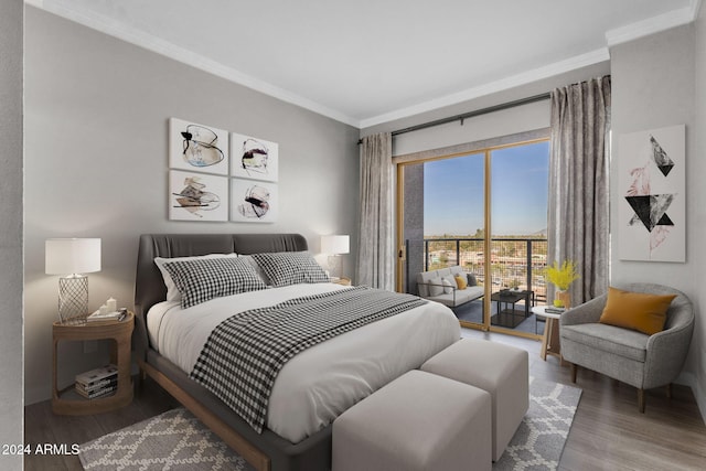 bedroom with access to outside, hardwood / wood-style floors, and ornamental molding