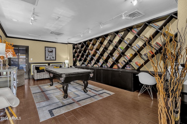 recreation room featuring dark hardwood / wood-style floors, pool table, and track lighting