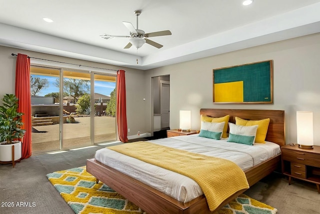 bedroom featuring access to outside, baseboards, dark colored carpet, and recessed lighting