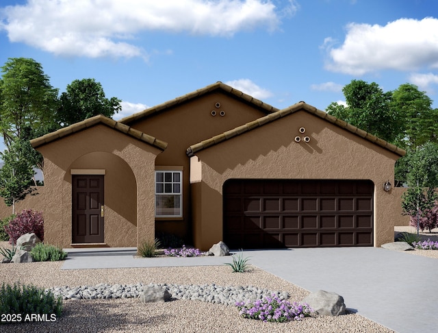 mediterranean / spanish-style home featuring a garage, driveway, stucco siding, and a tile roof