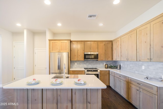 kitchen with sink, backsplash, stainless steel appliances, and an island with sink