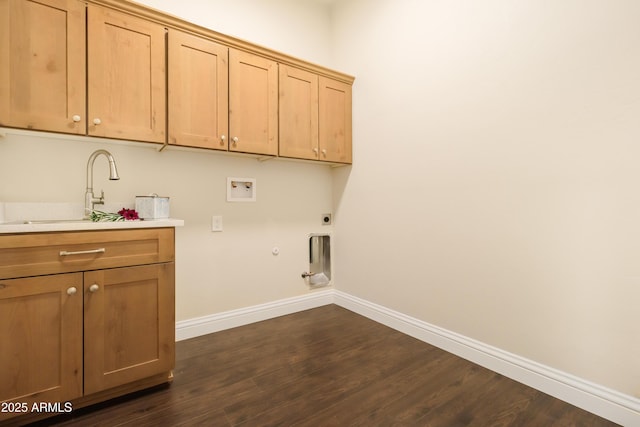 laundry room with gas dryer hookup, sink, cabinets, washer hookup, and hookup for an electric dryer