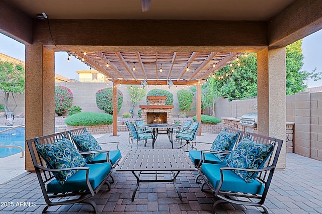 view of patio with a pergola, an outdoor living space with a fireplace, outdoor dining area, and a fenced backyard