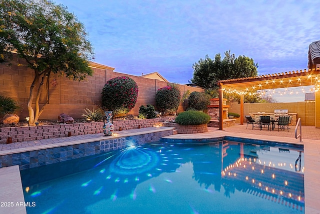 pool at dusk with a fenced backyard, a fenced in pool, a patio, and a pergola