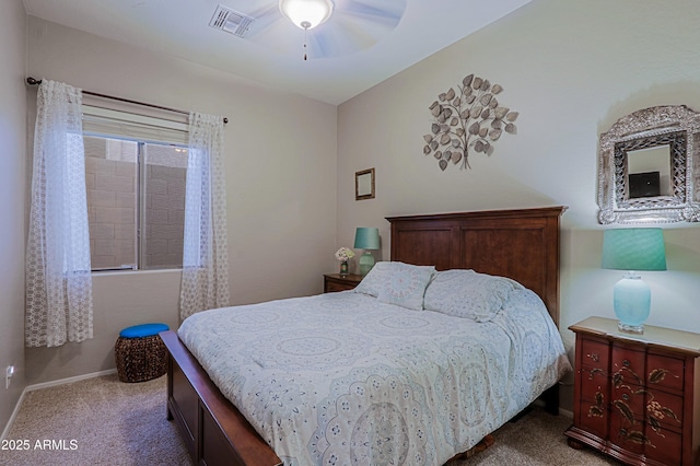 bedroom featuring carpet flooring, baseboards, ceiling fan, and visible vents