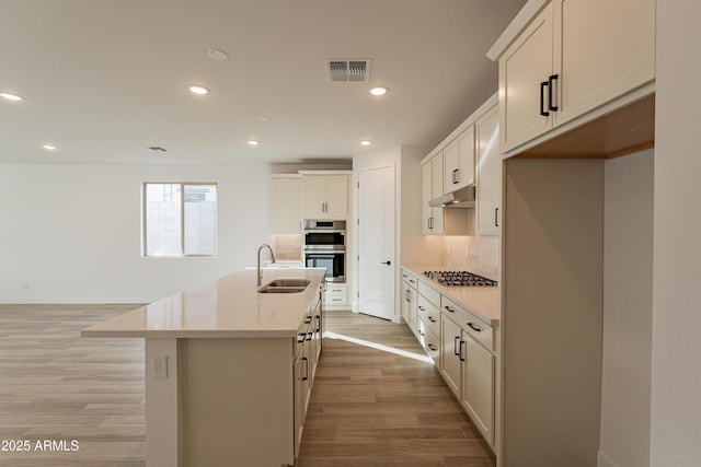 21411 W Meadowbrook Ave, Buckeye, AZ 85396 - kitchen featuring light wood-style floors, appliances with stainless steel finishes, an island with sink, decorative backsplash, and under cabinet range hood