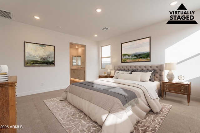 21411 W Meadowbrook Ave, Buckeye, AZ 85396 - bedroom with light carpet, recessed lighting, and ensuite bathroom