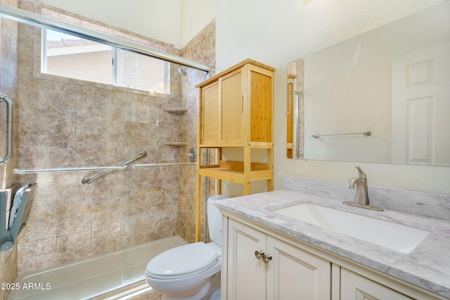 bathroom with a stall shower, toilet, and vanity