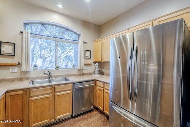 kitchen with sink, stainless steel appliances, and light wood-type flooring