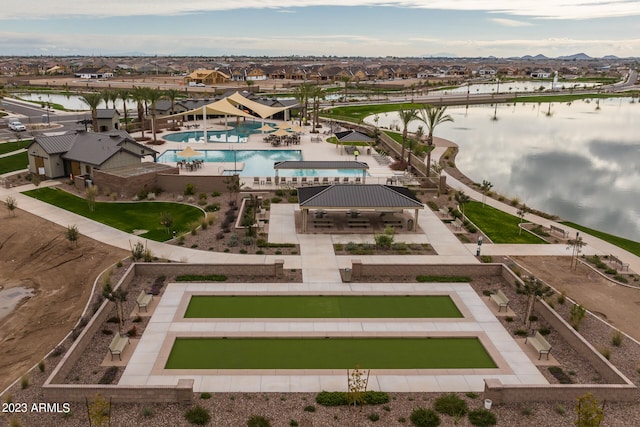 drone / aerial view featuring a water view