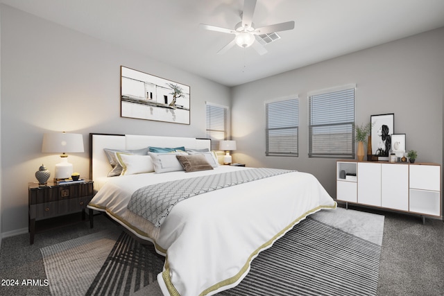 carpeted bedroom featuring ceiling fan