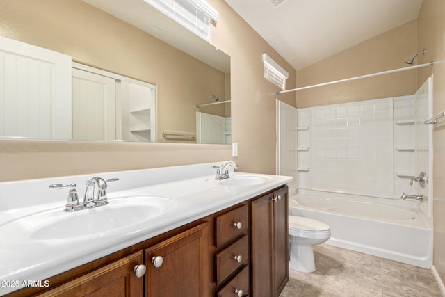 2725 E Mine Creek Rd Unit 2146, Phoenix, AZ 85024 - bathroom featuring shower / bathtub combination, double vanity, and lofted ceiling