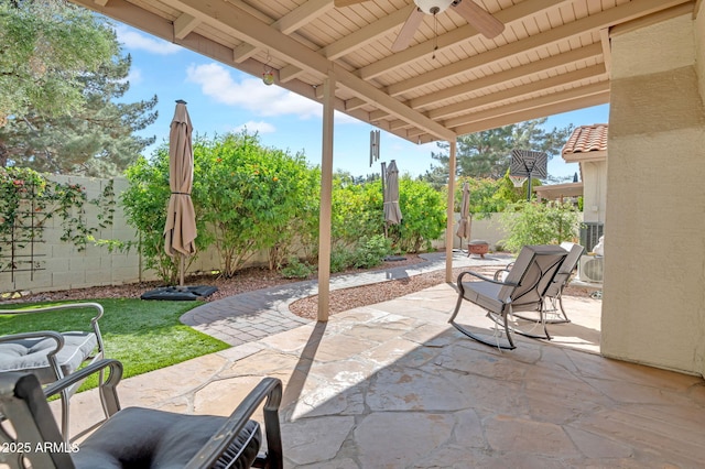 view of patio / terrace featuring a ceiling fan and a fenced backyard