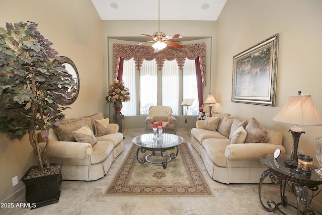 living room with vaulted ceiling and ceiling fan