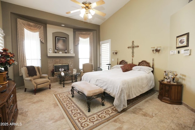 bedroom with vaulted ceiling and ceiling fan