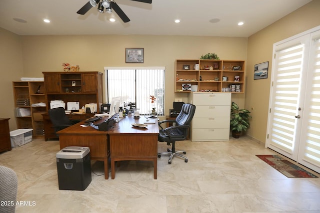 office space featuring french doors and ceiling fan