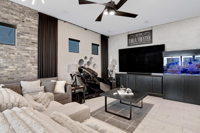 226 E Markwood Dr, Chandler, AZ 85286 - living area with ceiling fan and brick wall
