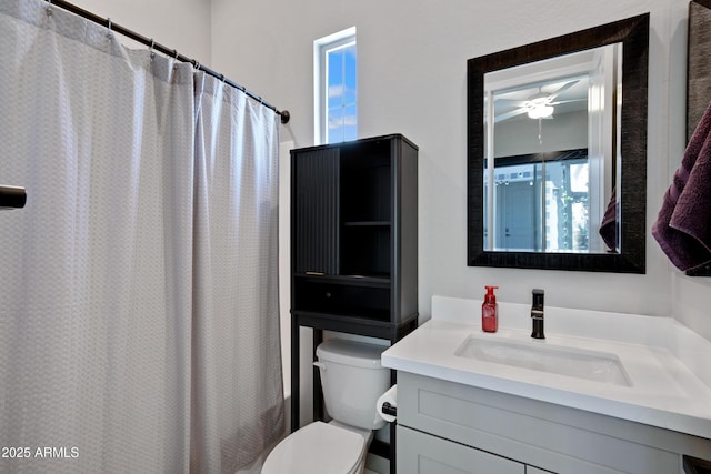 226 E Markwood Dr, Chandler, AZ 85286 - bathroom with toilet, vanity, a shower with curtain, and ceiling fan