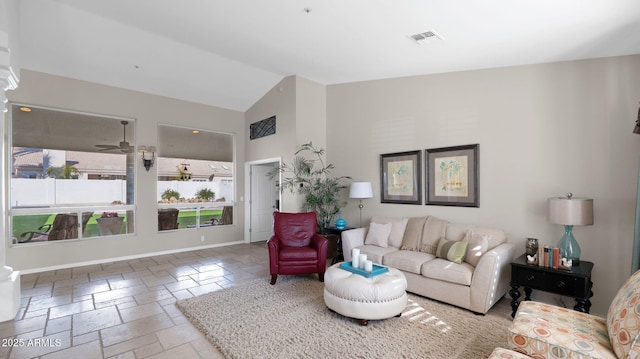 living room with lofted ceiling