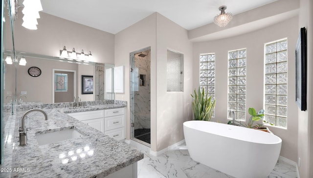 bathroom featuring vanity and separate shower and tub