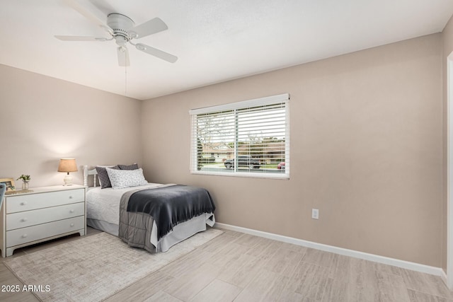 bedroom with ceiling fan and light hardwood / wood-style flooring