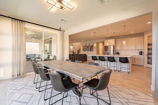 dining space with visible vents, ceiling fan, and recessed lighting