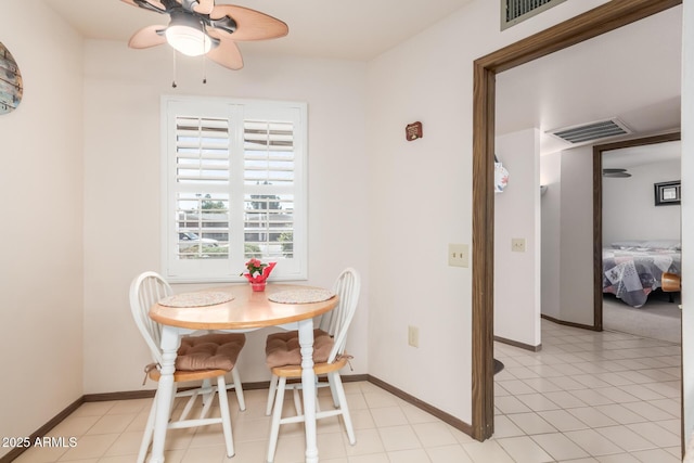 dining space with baseboards, visible vents, and a ceiling fan