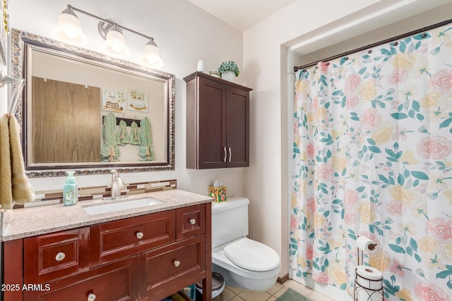 full bath with vanity, a shower with shower curtain, tile patterned flooring, and toilet