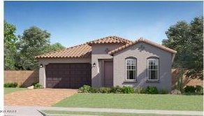15883 W Winslow Ave, Goodyear, AZ 85338 - mediterranean / spanish house with a tiled roof, a garage, stucco siding, and driveway