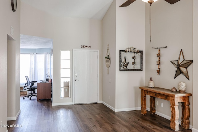 entrance foyer featuring dark wood-type flooring and a towering ceiling