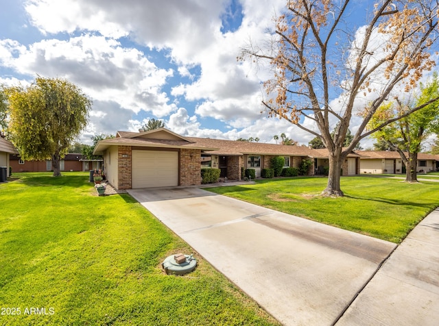 ranch-style house with a front lawn, concrete driveway, brick siding, and a garage