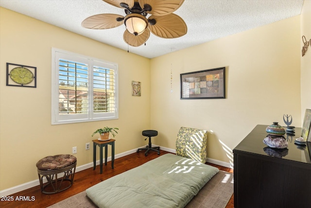 office area featuring ceiling fan, a textured ceiling, and dark hardwood / wood-style flooring