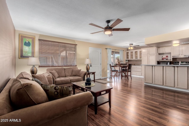 1133 N 84th Pl, Scottsdale, AZ 85257 - living area with ceiling fan and dark wood-style floors