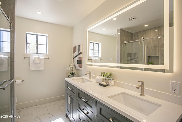6608 E Ranch Rd, Cave Creek, AZ 85331 - full bath with marble look tiles, double vanity, a shower stall, and recessed lighting