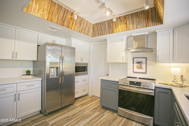6608 E Ranch Rd, Cave Creek, AZ 85331 - kitchen with appliances with stainless steel finishes, track lighting, wall chimney exhaust hood, and gray cabinets