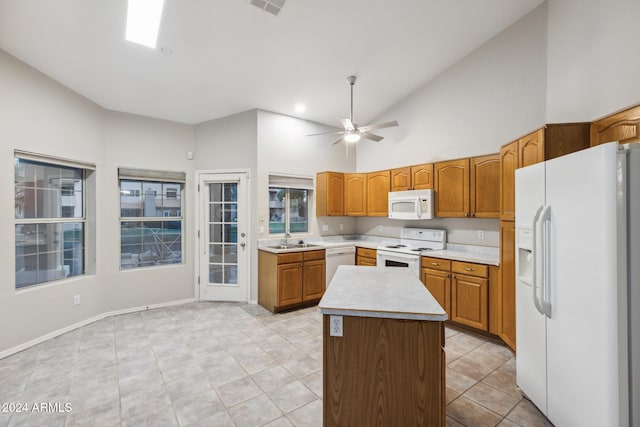 kitchen featuring a center island, white appliances, high vaulted ceiling, sink, and ceiling fan