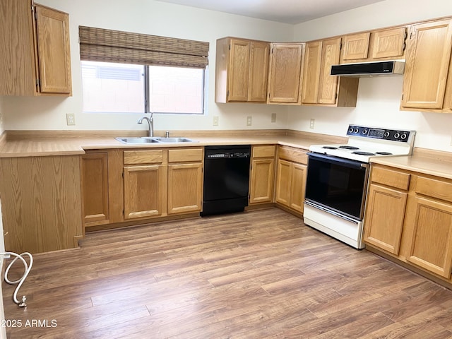 1249 E Commerce Ave, Gilbert, AZ 85234 - kitchen featuring electric range, dishwasher, exhaust hood, light countertops, and light brown cabinets
