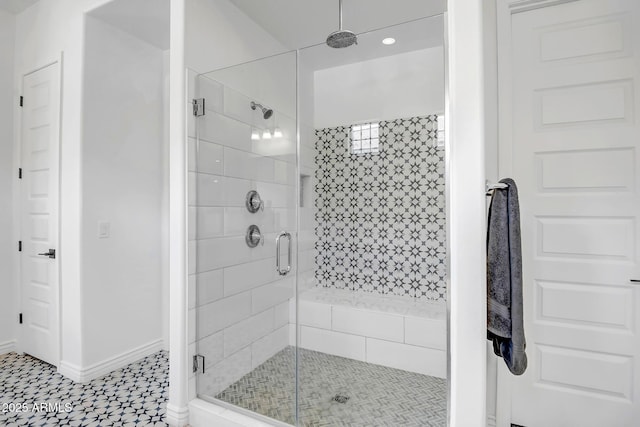 32083 N 126th Ave, Peoria, AZ 85383 - bathroom featuring a shower stall, baseboards, and tile patterned floors