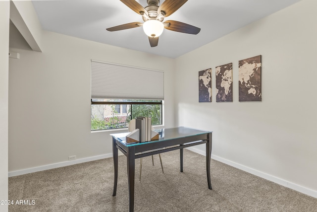 home office with carpet flooring and ceiling fan