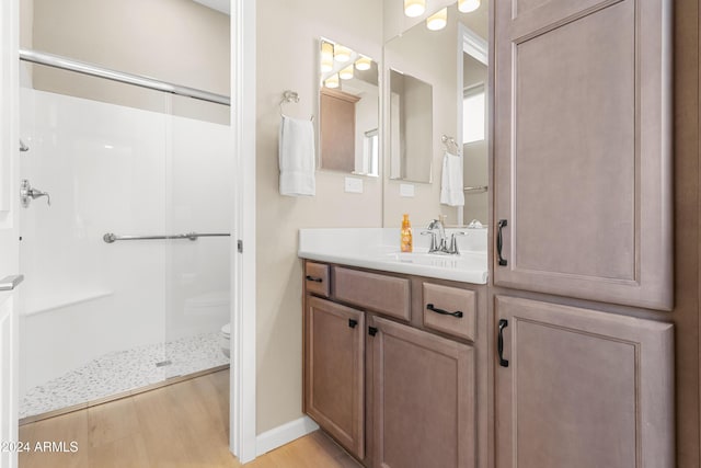 bathroom featuring toilet, vanity, wood-type flooring, and walk in shower