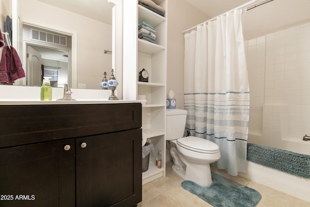 full bathroom with vanity, tile patterned floors, shower / bath combination with curtain, and toilet