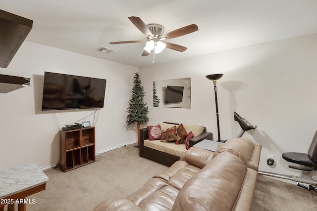 living room with light colored carpet and ceiling fan