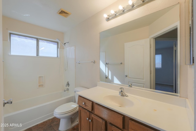 full bathroom with tile patterned floors, shower / tub combination, toilet, and vanity