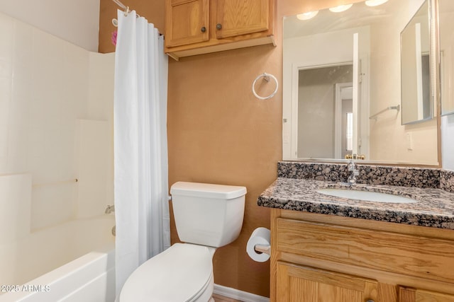 full bathroom with toilet, shower / tub combo, and vanity