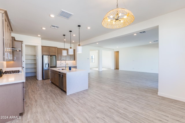 kitchen with appliances with stainless steel finishes, a center island with sink, pendant lighting, and a chandelier