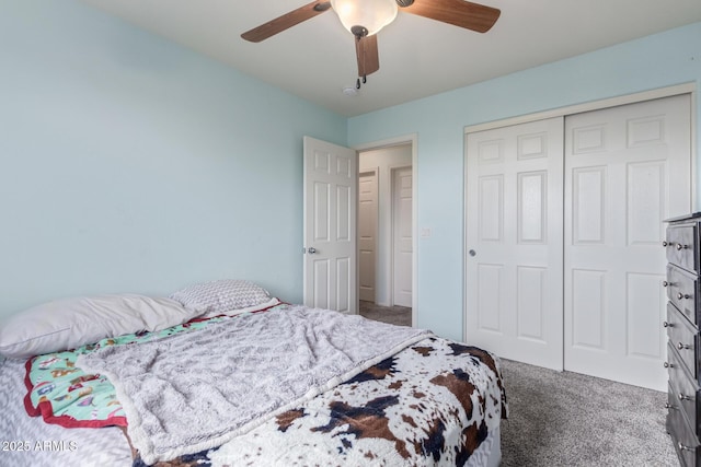 bedroom featuring a closet, carpet, and ceiling fan