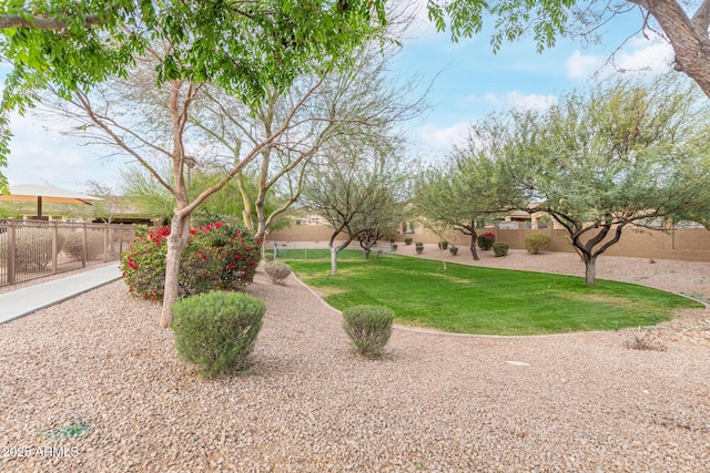 view of community featuring a lawn and fence